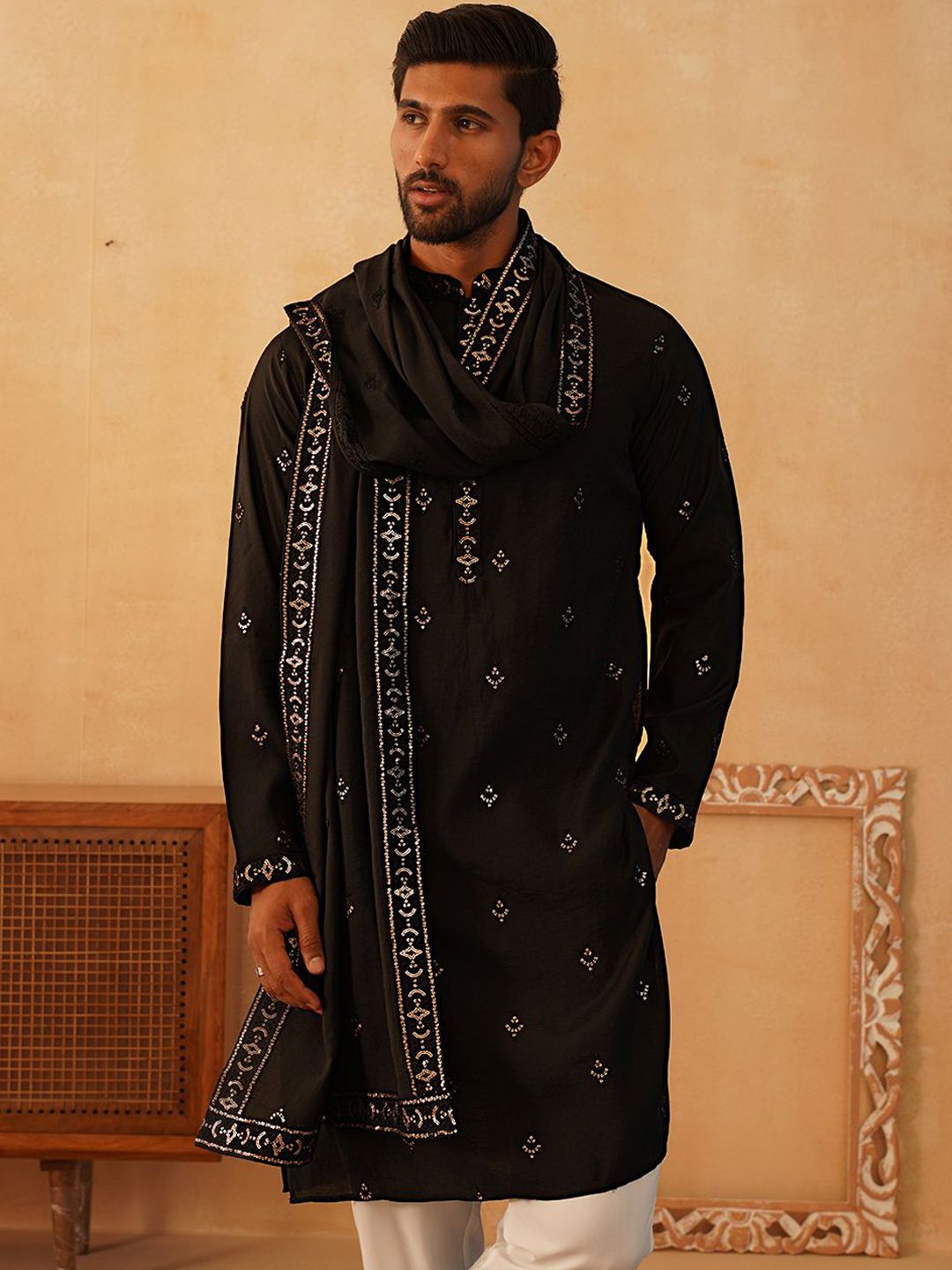 Jompers Floral Embroidered Sequinned Straight Kurta With Trousers & Dupatta