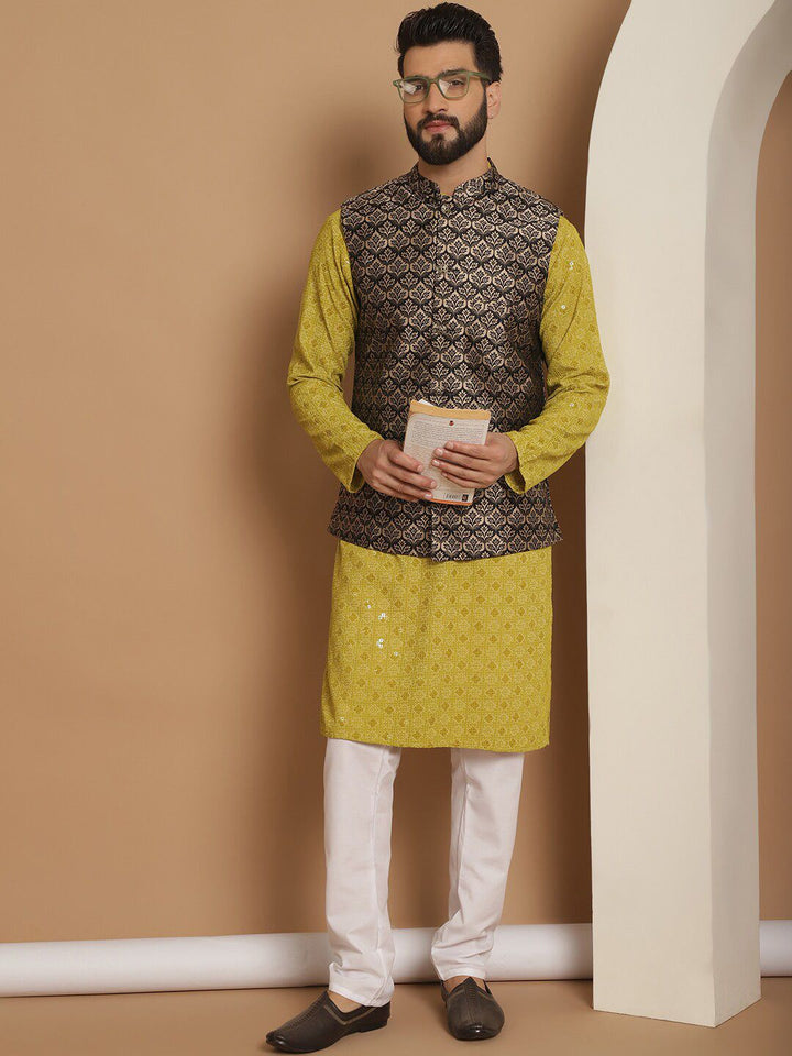 Anouk Green Ethnic Motifs Woven Design Straight Kurta With Churidar & Nehru Jacket