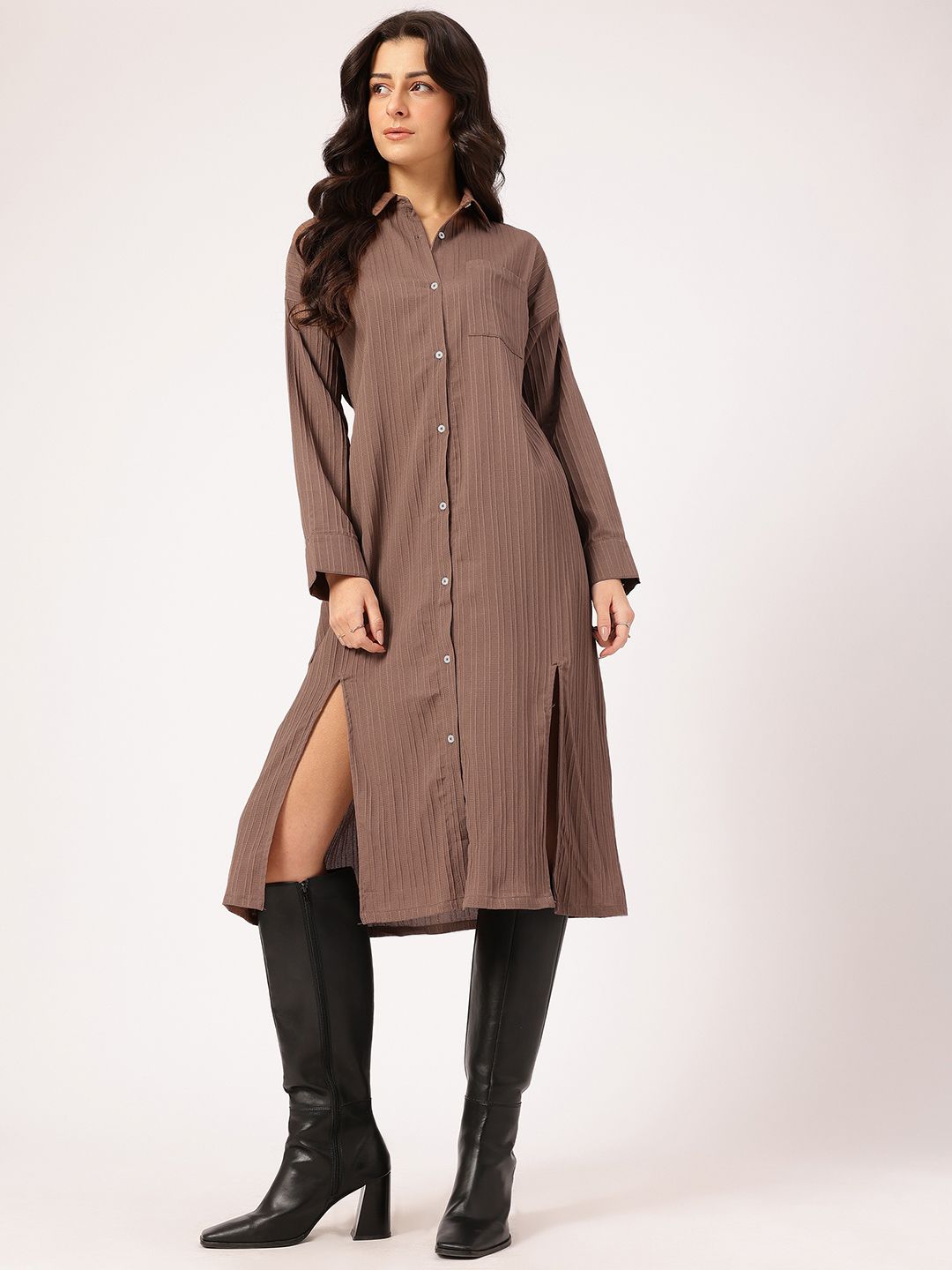 DressBerry Chic Slit Textured Midi Shirt Dress