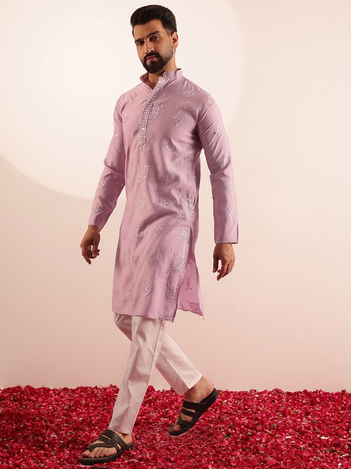 SOJANYA Men Embellished Cotton Silk Boota Mirror Work Kurta