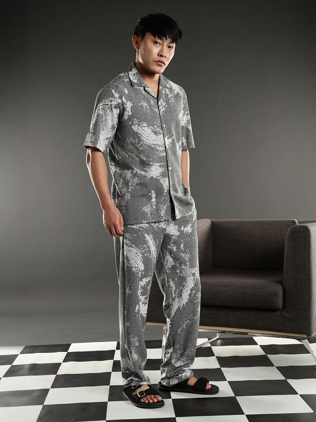 Eszett Grey Abstract Printed Jacquard Spread Collar Pure Cotton Shirt With Trouser Co-Ord Set