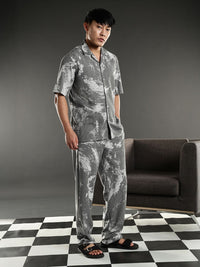 Eszett Grey Abstract Printed Jacquard Spread Collar Pure Cotton Shirt With Trouser Co-Ord Set