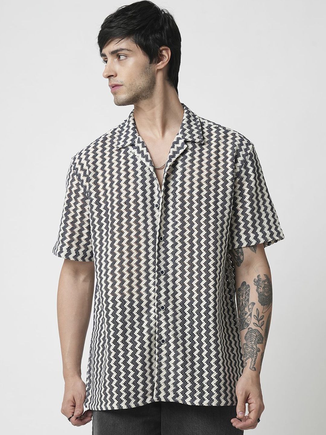 VASTRADO Men Classic Cuban Collar Geometric Printed Cotton Casual Shirt