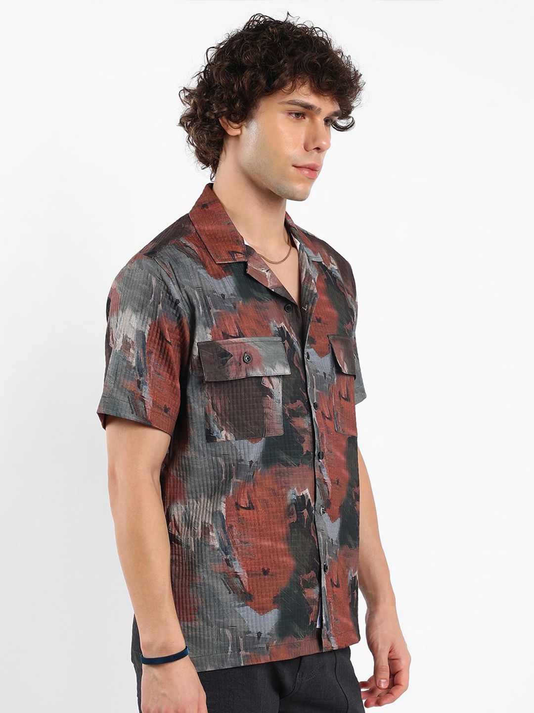Campus Sutra Men Comfort Fit Cuban Collar Abstract Printed Oversized Casual Shirt