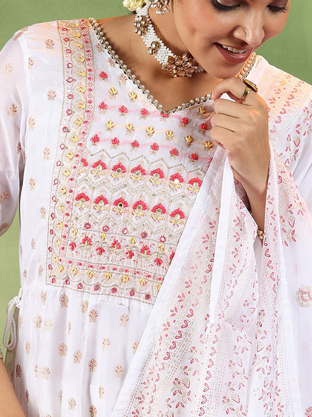 Libas Floral Embroidered Mirror Work Anarkali Kurta With Trousers & Dupatta