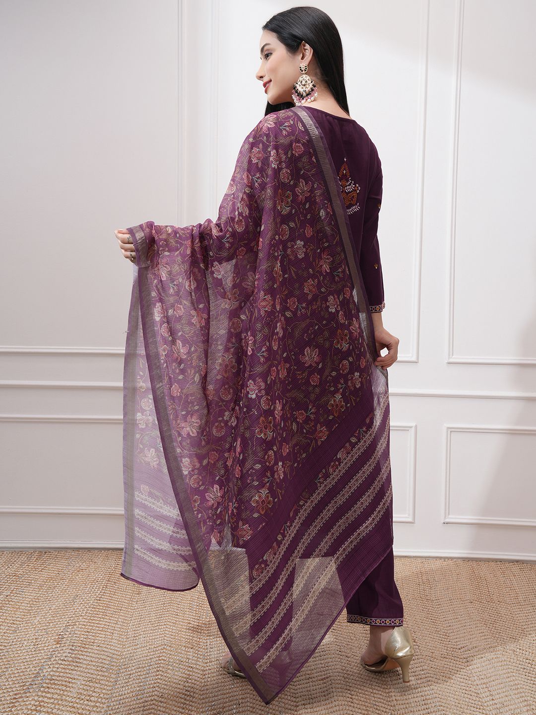 Vishudh Women Ethnic Motifs Embroidered Regular Thread Work Kurta with Trousers & With Dupatta