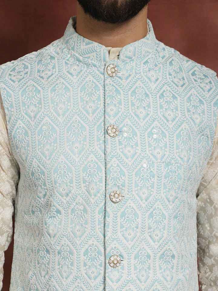 Anouk Floral Embroidered Mandarin Collar Thread Work Kurta & Churidar With Nehru Jacket