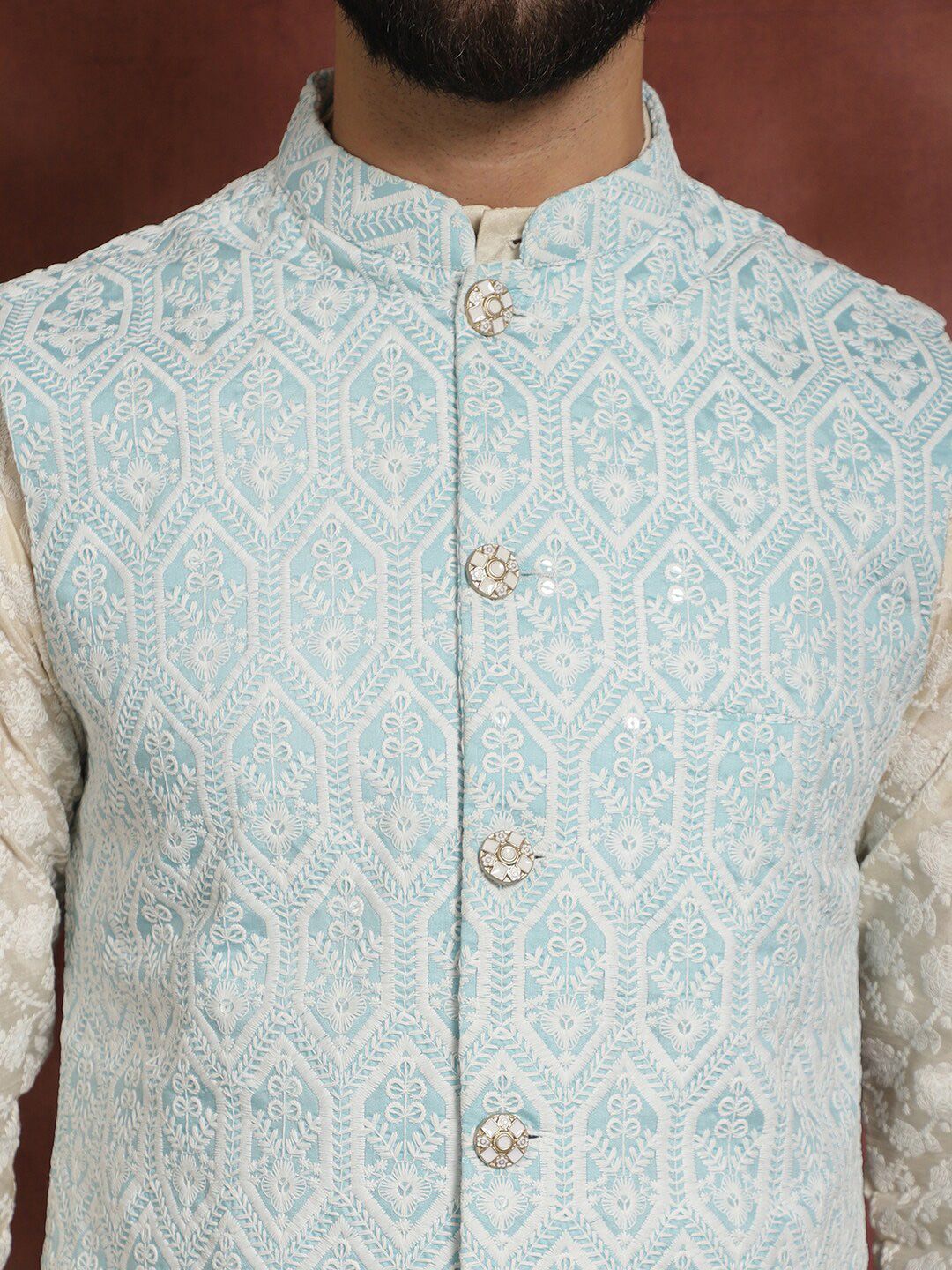 Anouk Floral Embroidered Mandarin Collar Thread Work Kurta & Churidar With Nehru Jacket