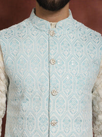Anouk Floral Embroidered Mandarin Collar Thread Work Kurta & Churidar With Nehru Jacket