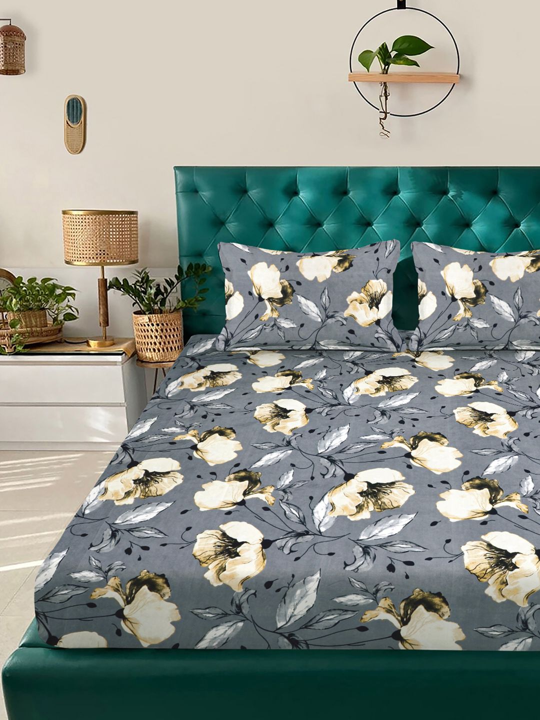 KLOTTHE Grey Floral Printed Dilengkapi 300 TC King Double Bedsheet Dengan 2 Sarung Bantal
