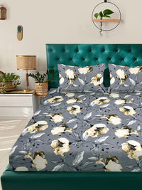 KLOTTHE Grey Floral Printed Dilengkapi 300 TC King Double Bedsheet Dengan 2 Sarung Bantal