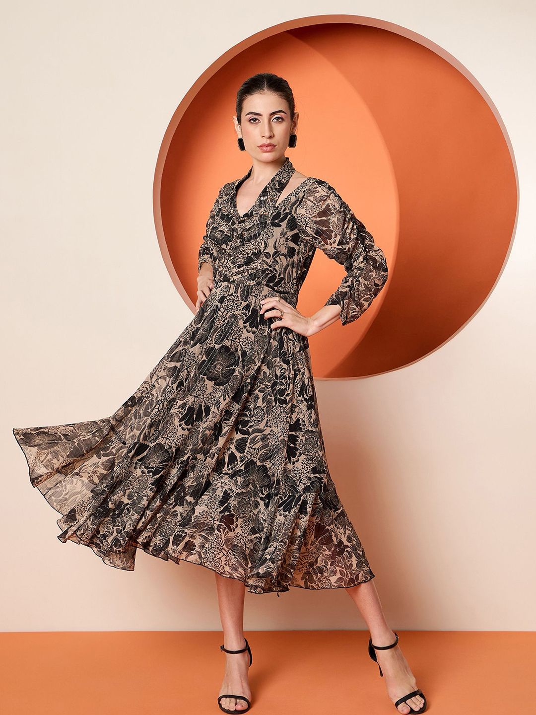 Antheaa Women Embellished Floral Printed Puff Sleeve Fit & Flare Midi Dress