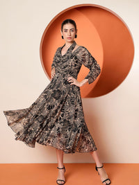 Antheaa Women Embellished Floral Printed Puff Sleeve Fit & Flare Midi Dress