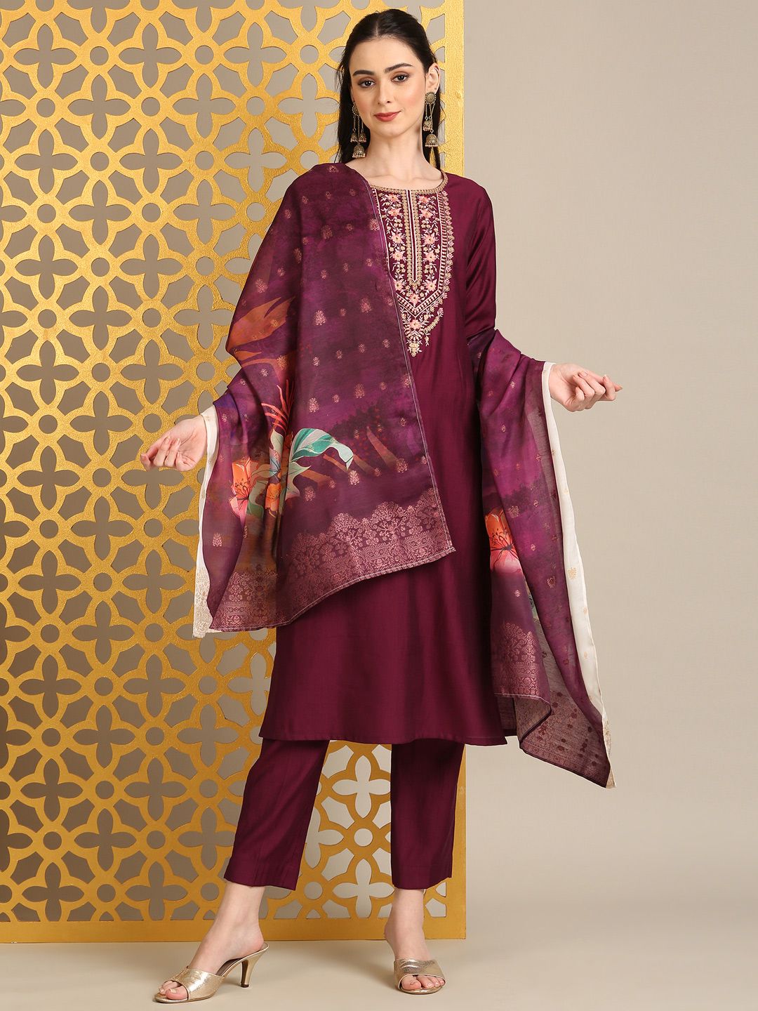 Anouk Maroon Floral Yoke Design Thread Work Straight Kurta With Trouser & Dupatta