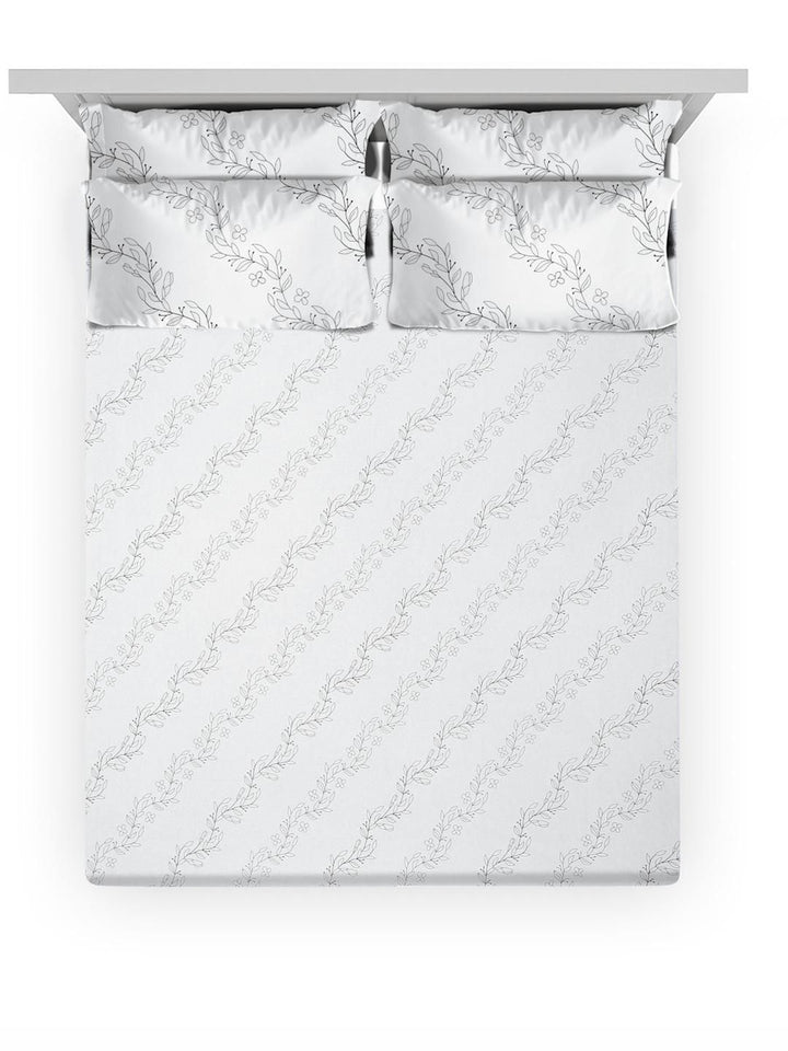 KLOTTHE Off White Printed Flat 400TC Pure Cotton Super King Bedsheet & 4 Pillow Covers