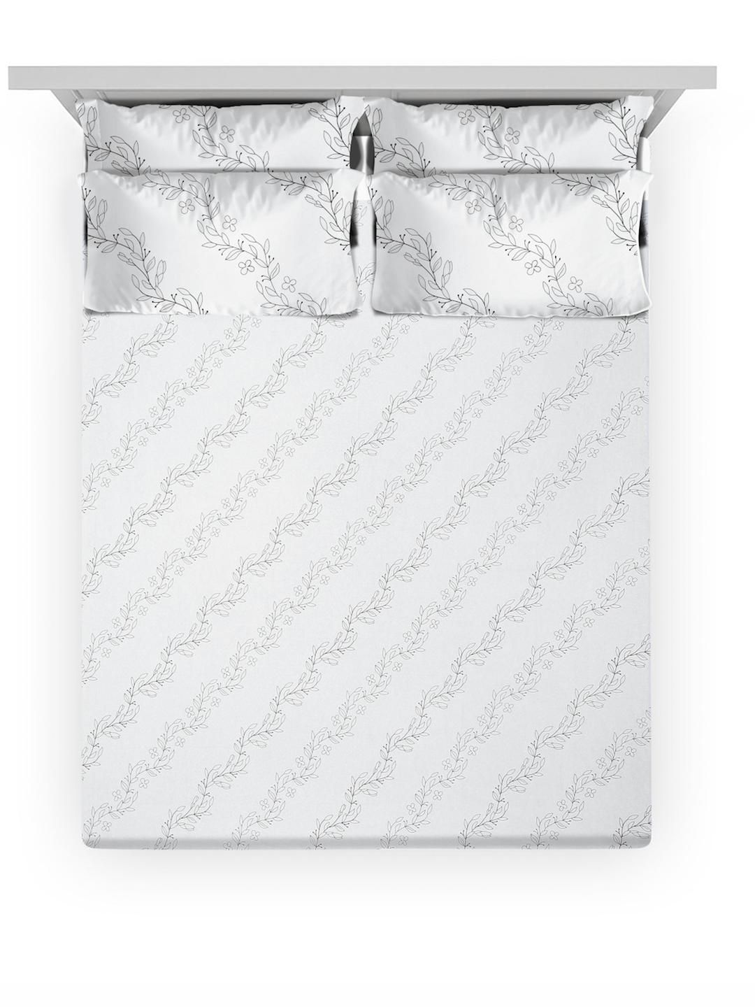 KLOTTHE Off White Printed Flat 400TC Pure Cotton Super King Bedsheet & 4 Pillow Covers