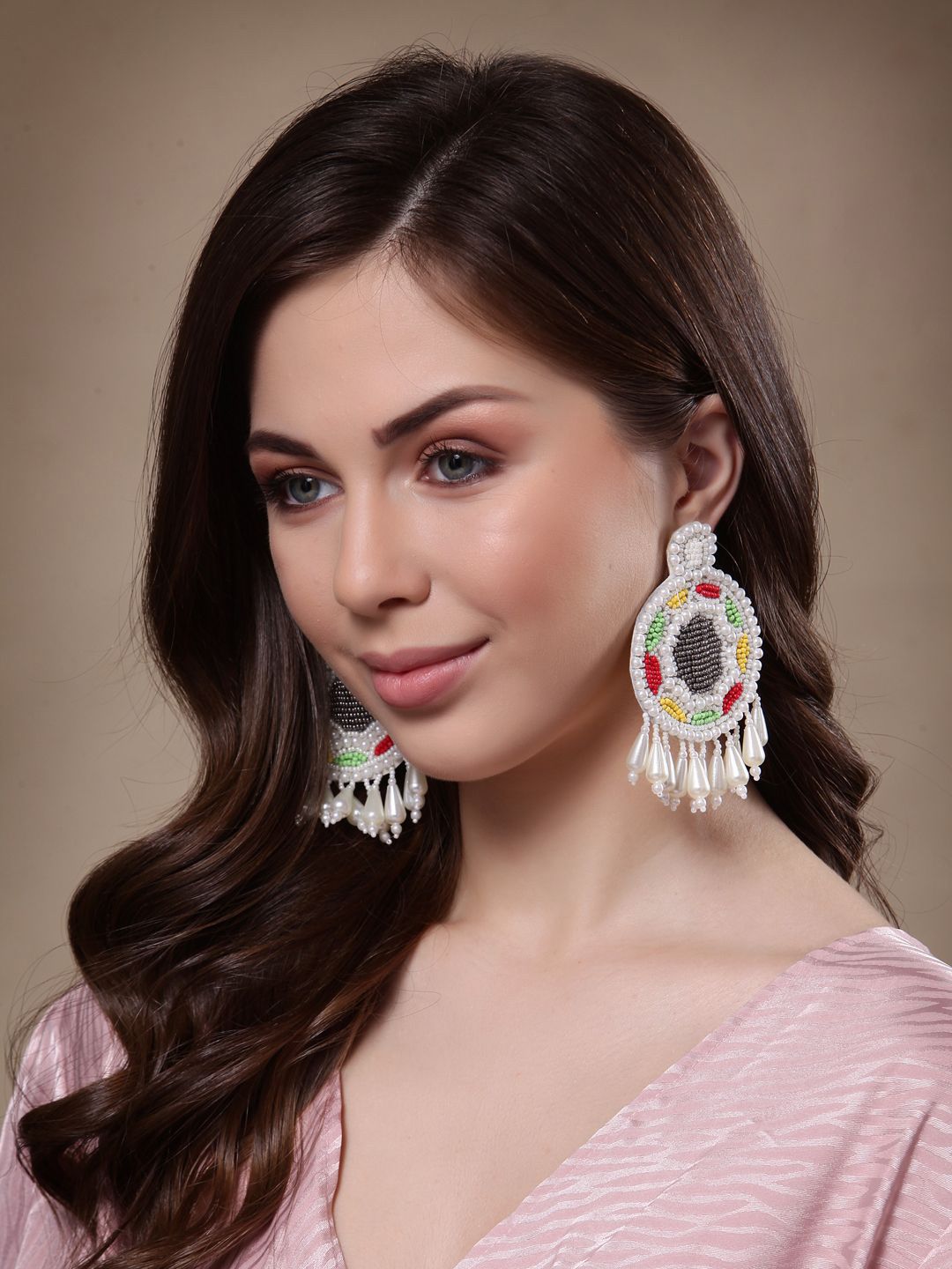 DressBerry Gold-Plated Contemporary Stone Studded & Beaded Drop Earrings