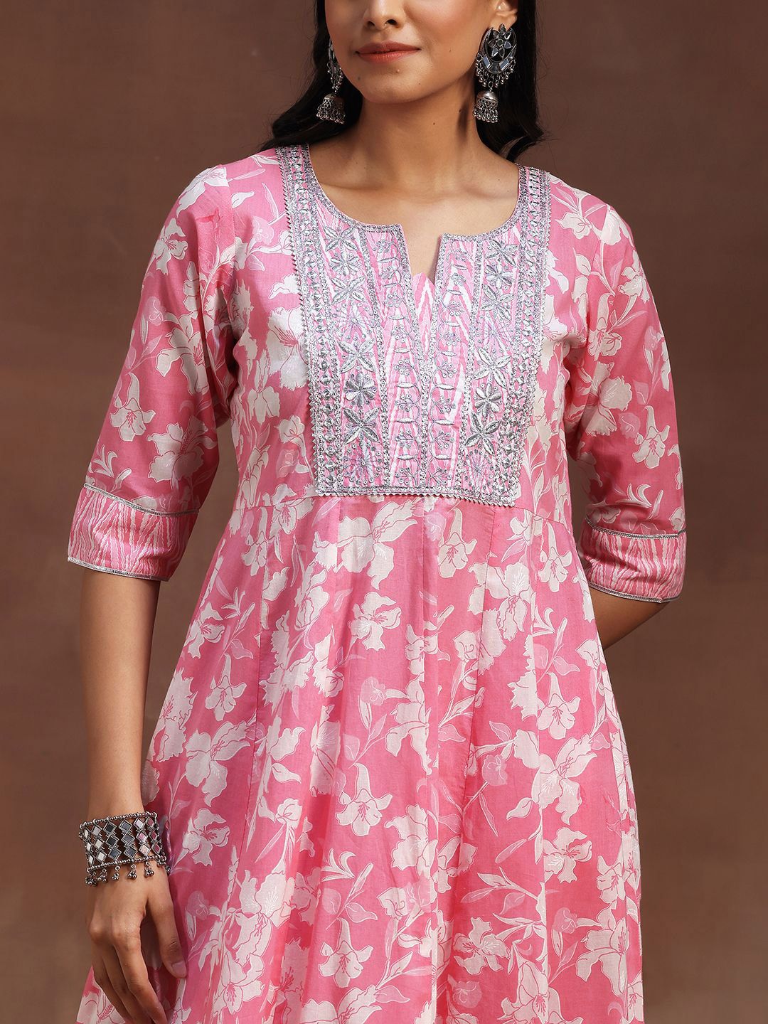 Libas Floral Printed Panelled Thread Work Pure Cotton Anarkali Kurta & Churidar & Dupatta