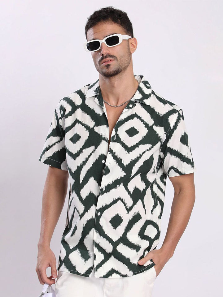 Bene Kleed Men Geometric Printed Cuban Collar Cotton Casual Shirt