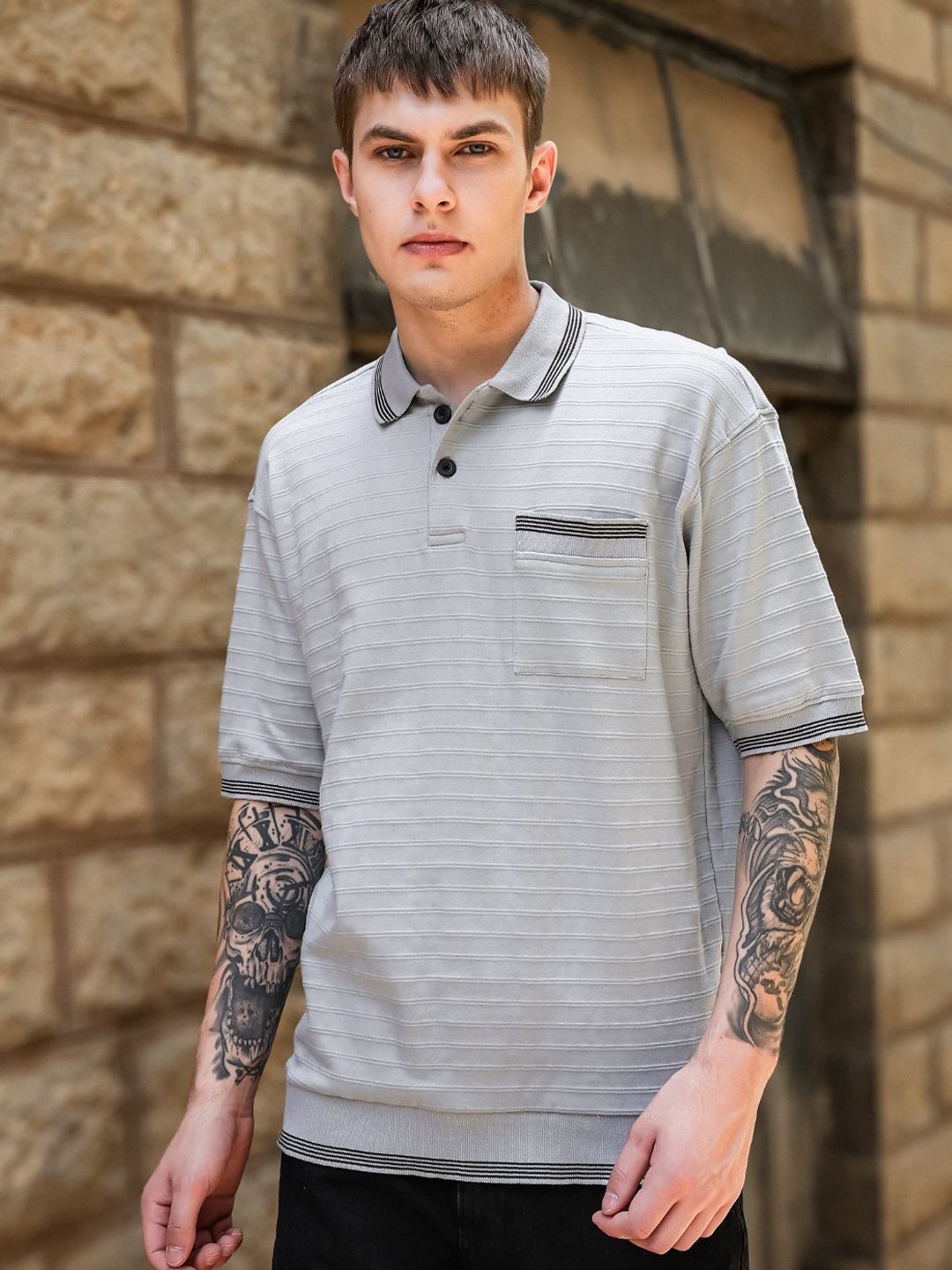 Eszett Fabric Grey Polo Shirt Self Design Textured Cotton Collar Oversized Fit T-shirt