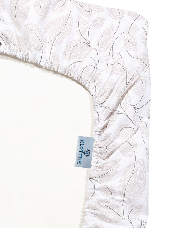 KLOTTHE White Floral Printed Fitted 400 TC Cotton Super King Bedsheet With 2 Pillow Covers