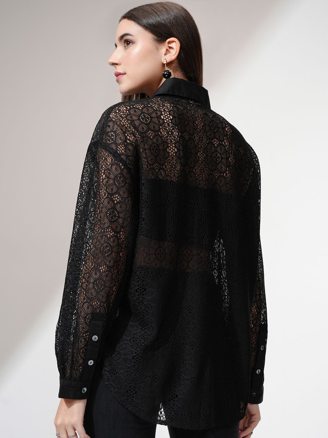 Tokyo Talkies Women Relaxed Fit Drop Shoulder Lace Shirt