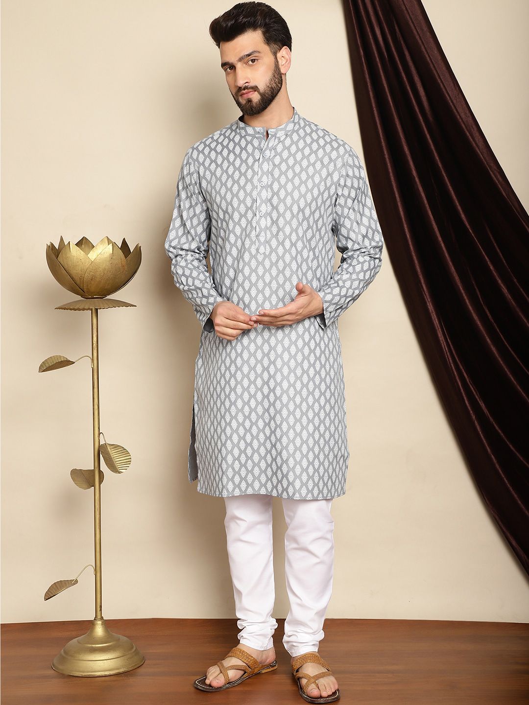 Anouk Grey Mandarin Collar Ethnic Motifs Printed Straight Kurta with Pyjamas