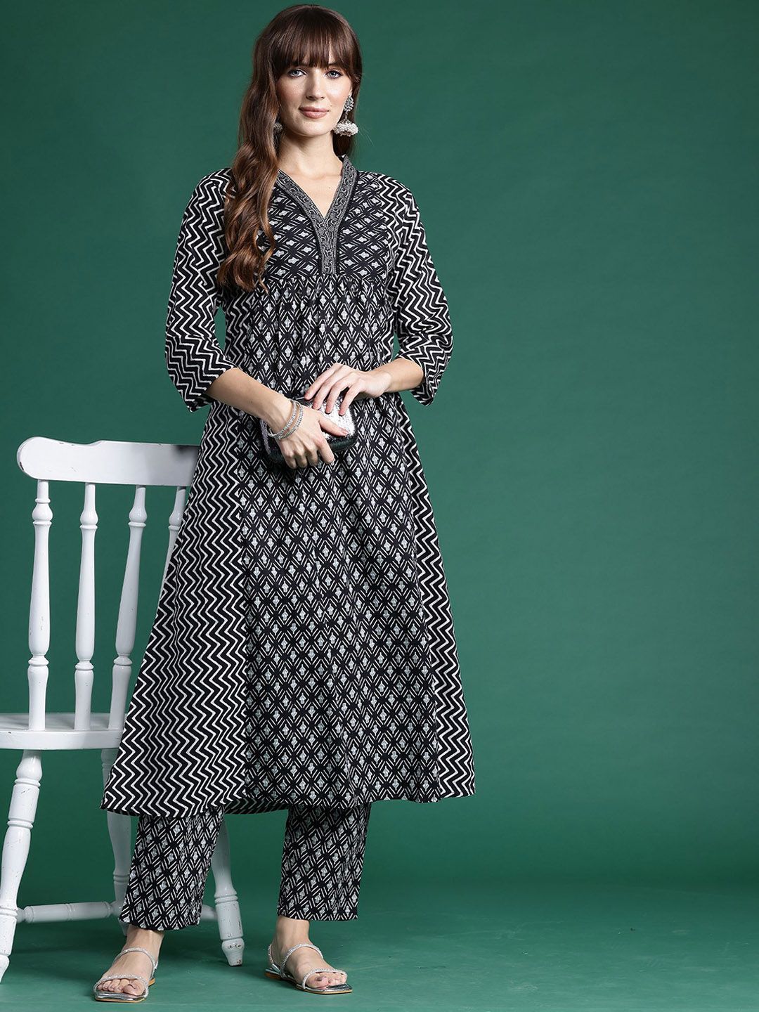 Indo Era Ethnic Motifs Printed A-Line Pure Cotton Kurta with Trousers