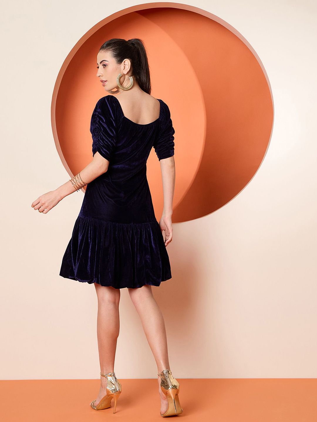 Antheaa Women Puff Sleeves Velvet Embellished A-Line Dress