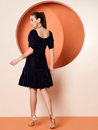 Antheaa Women Puff Sleeves Velvet Embellished A-Line Dress