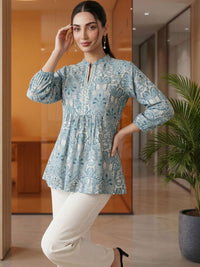 Mamicha Print Mandarin Collar Bishop Sleeves Cotton Top
