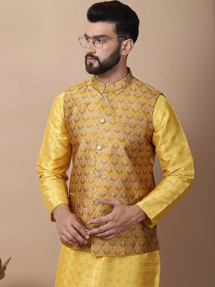 Anouk Yellow Geometric Printed Mandarin Collar Kurta with Churidar & Nehru Jacket