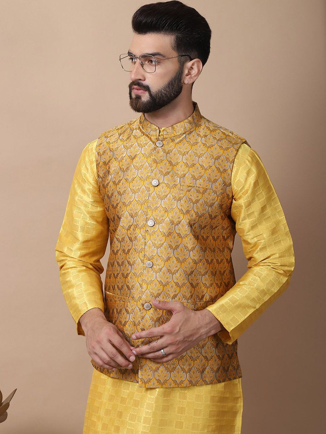 Anouk Yellow Geometric Printed Mandarin Collar Kurta with Churidar & Nehru Jacket