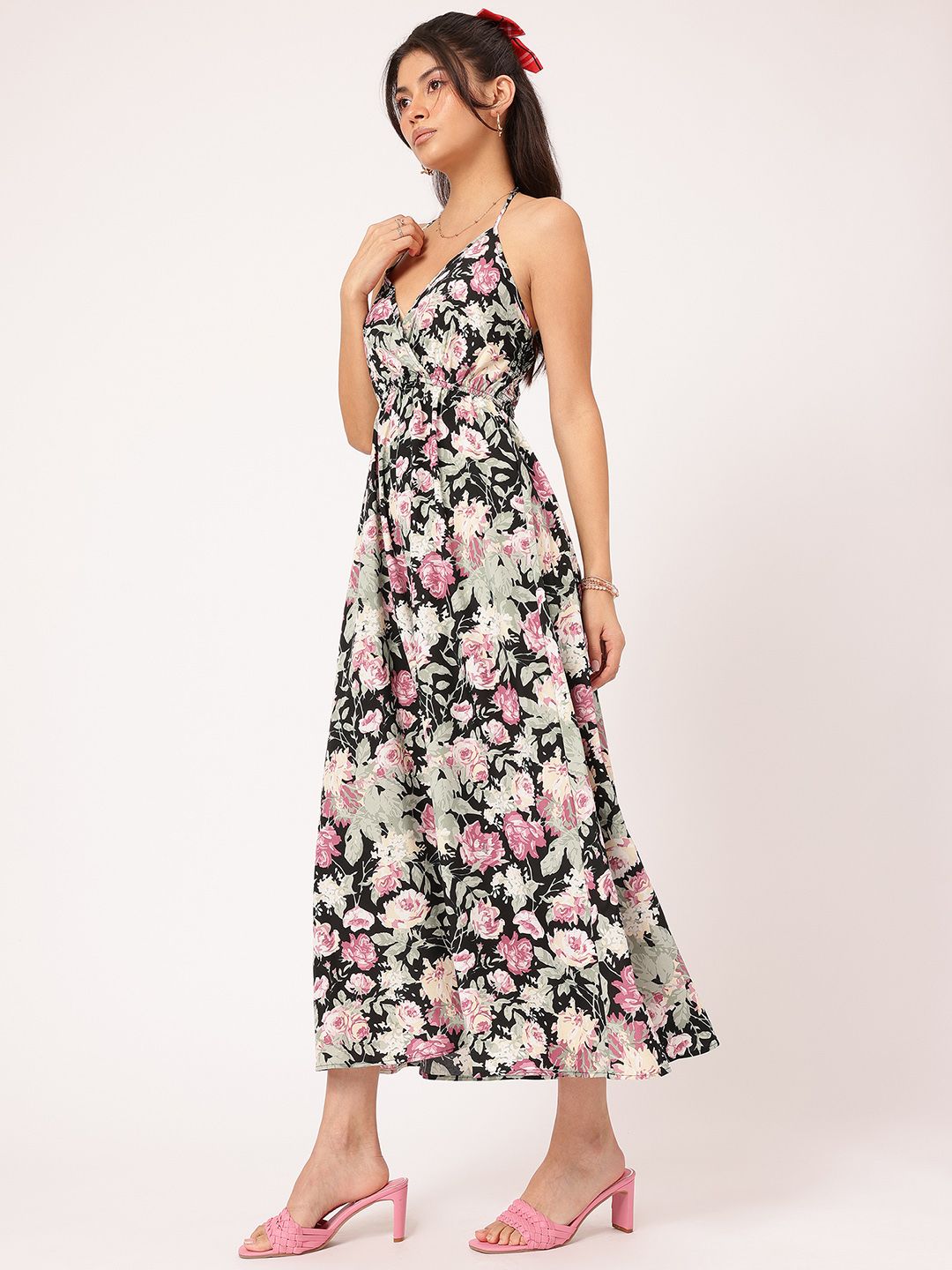 DressBerry Floral Finesse Halter Neck A-Line Midi Dress