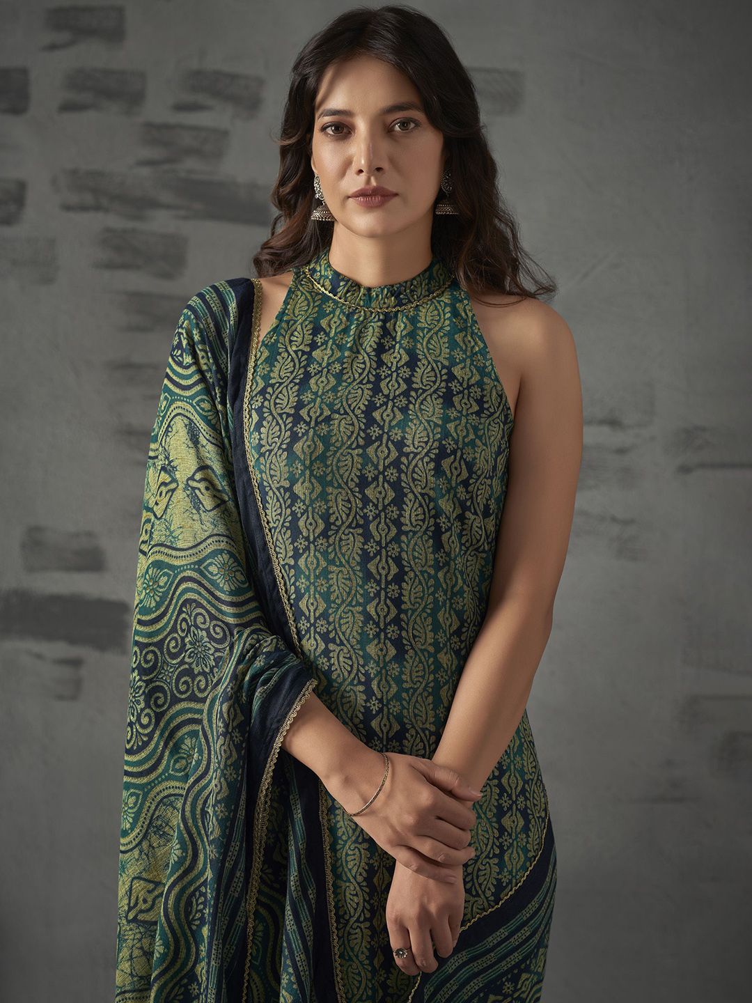 Anouk Blue Floral Printed Halter Neck Straight Kurta with Trousers & Dupatta