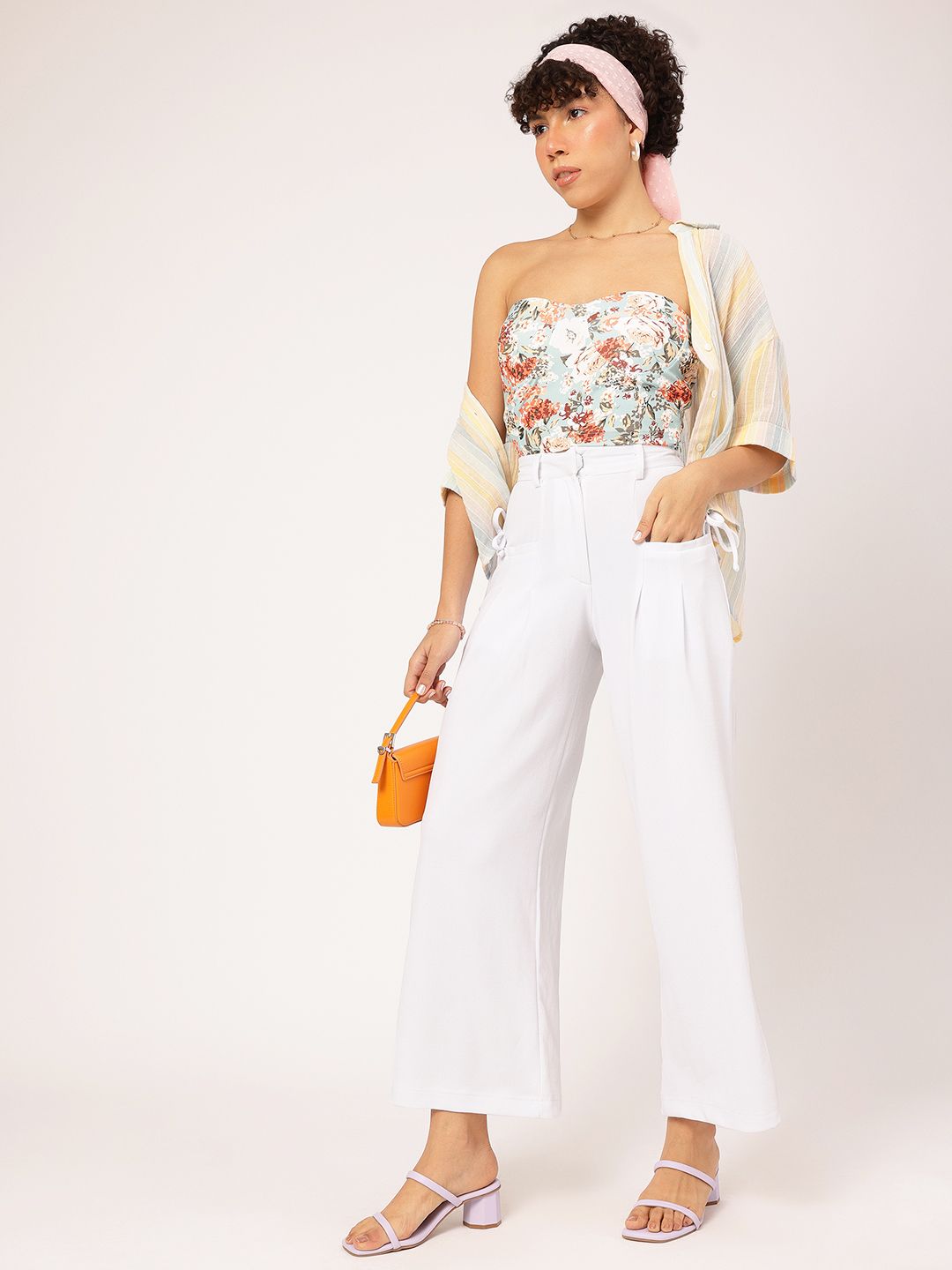 DressBerry Women Pleated Perfection Textured Bow Detail Flared Trousers