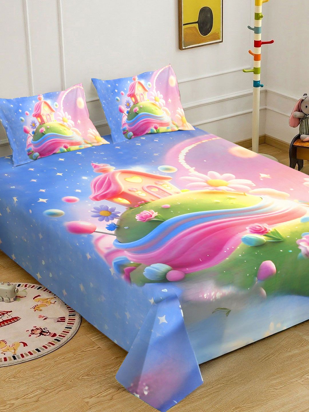 KLOTTHE Blue Cartoon Characters  Printed 400 TC King Superfine Bedsheets