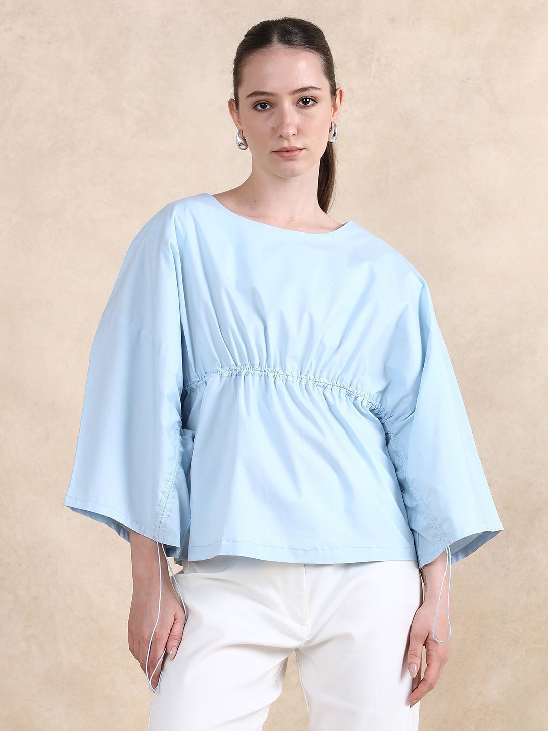 RAREISM Women Flared Sleeves Cotton Cinched Waist Top