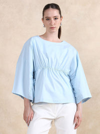 RAREISM Women Flared Sleeves Cotton Cinched Waist Top