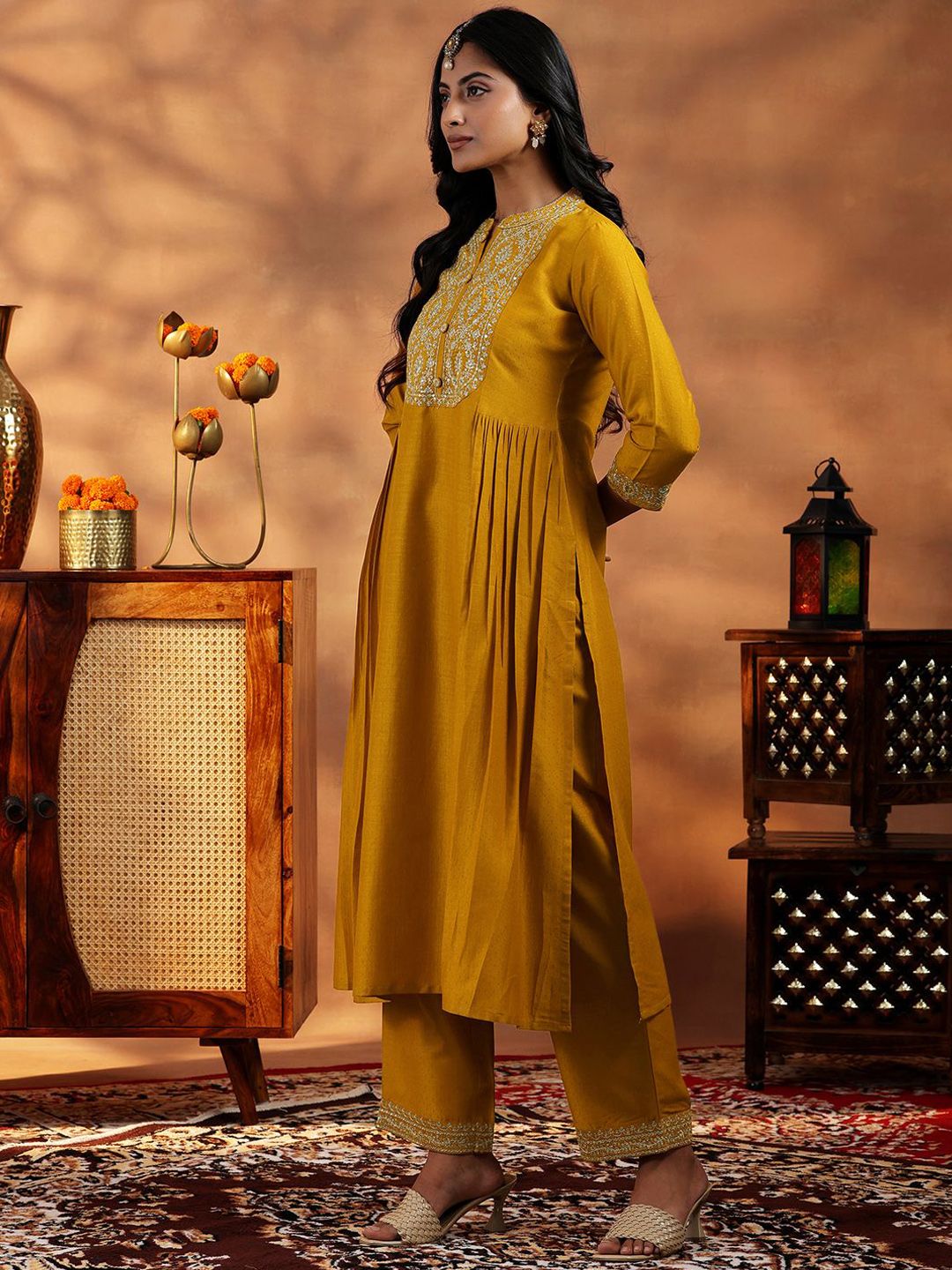 Libas Floral Embroidered Zari Yoke Design Panelled A Line Kurta with Palazzos & Dupatta