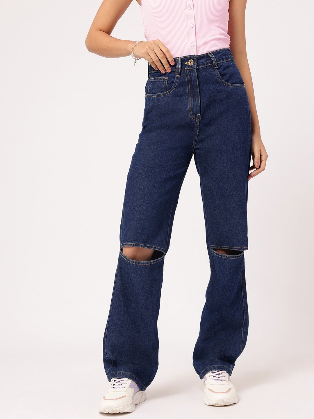 DressBerry Women Slash-Knee Flair Straight Fit Pure Cotton Jeans