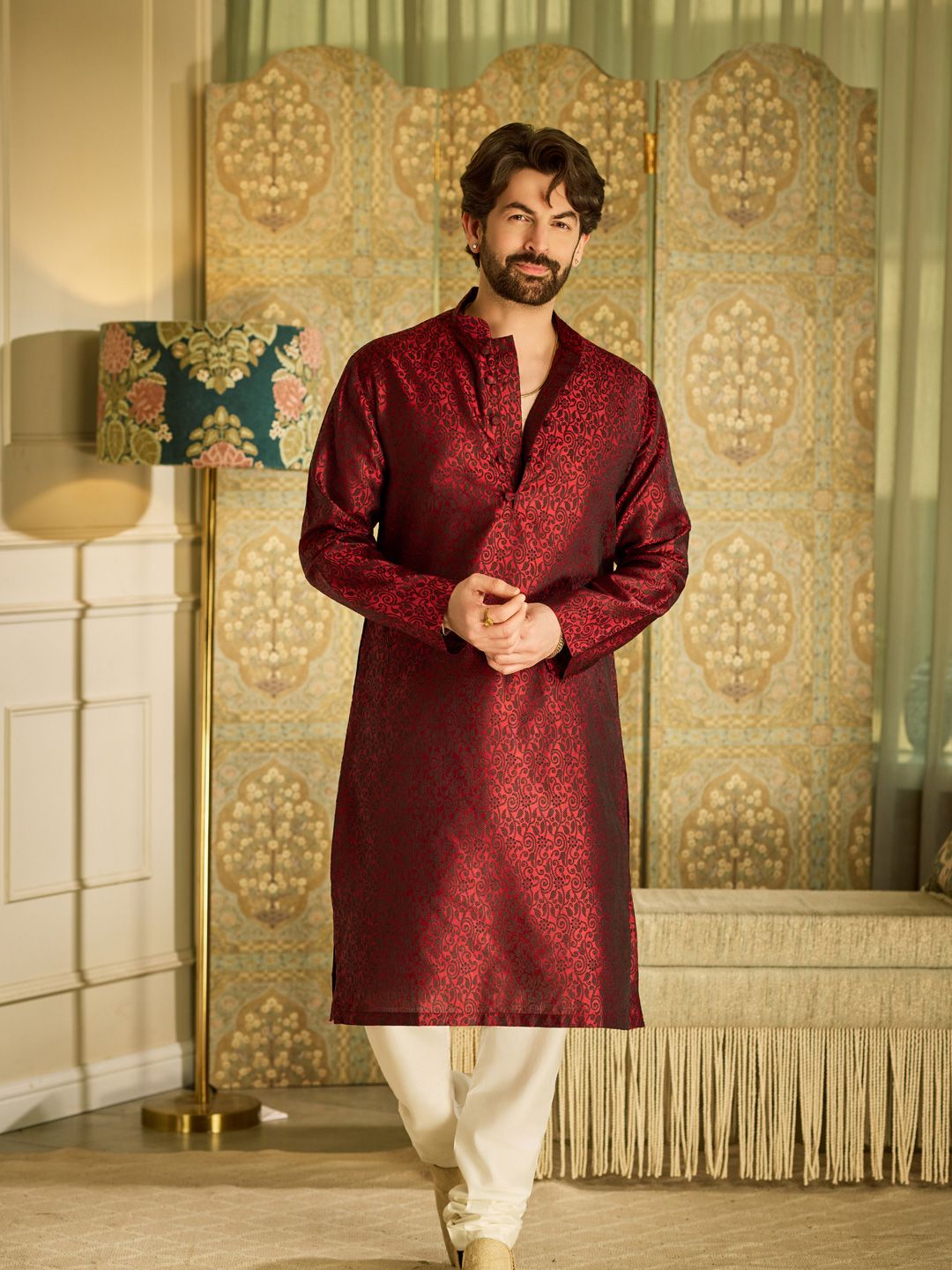 SOJANYA Floral Woven Design Mandarin Collar Straight Kurta With Churidar