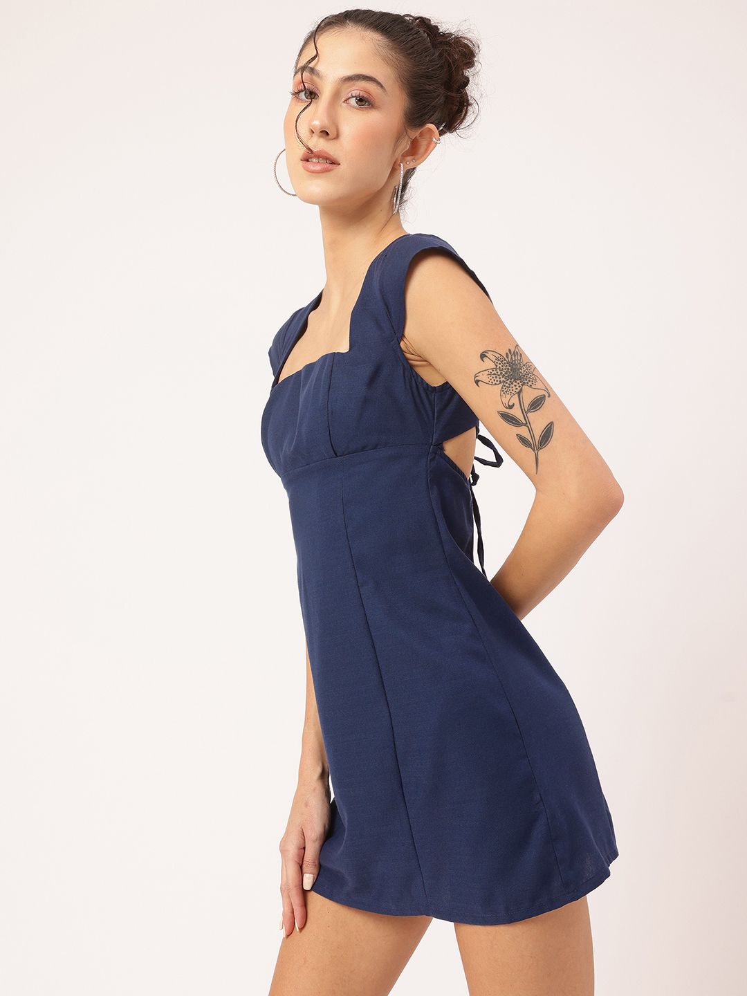 DressBerry Radiant & Raw Tie-Up Styled-Back Square Neck Mini Dress