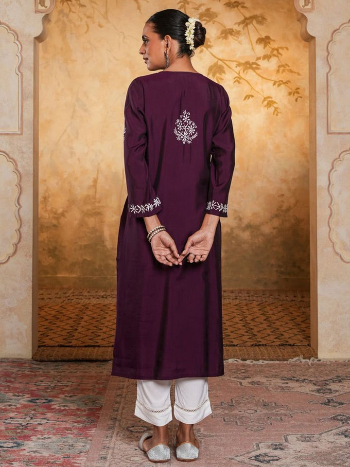 House of Chikankari Women Dark Purple Chanderi Chikankari Embroidered Kurta