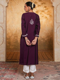House of Chikankari Women Dark Purple Chanderi Chikankari Embroidered Kurta