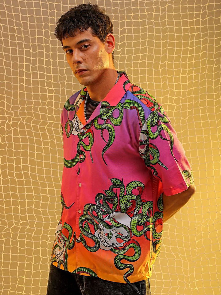 The Indian Garage Co Men Cuban Collar Animal Printed Oversized Resortwear Shirt