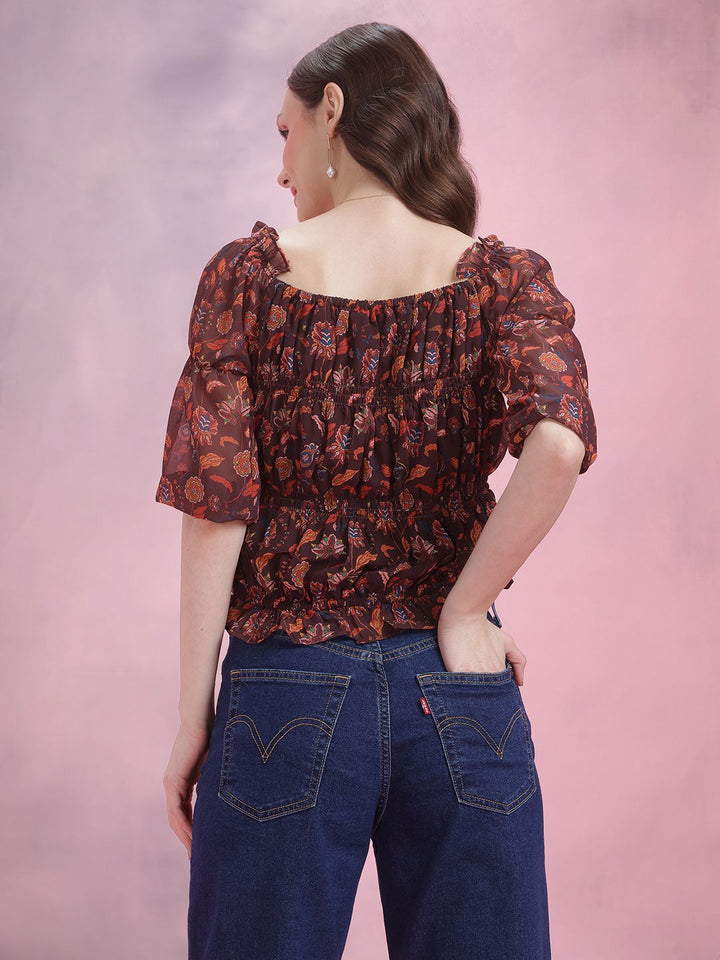 DressBerry Floral Print Smocked Puff Sleeve Top