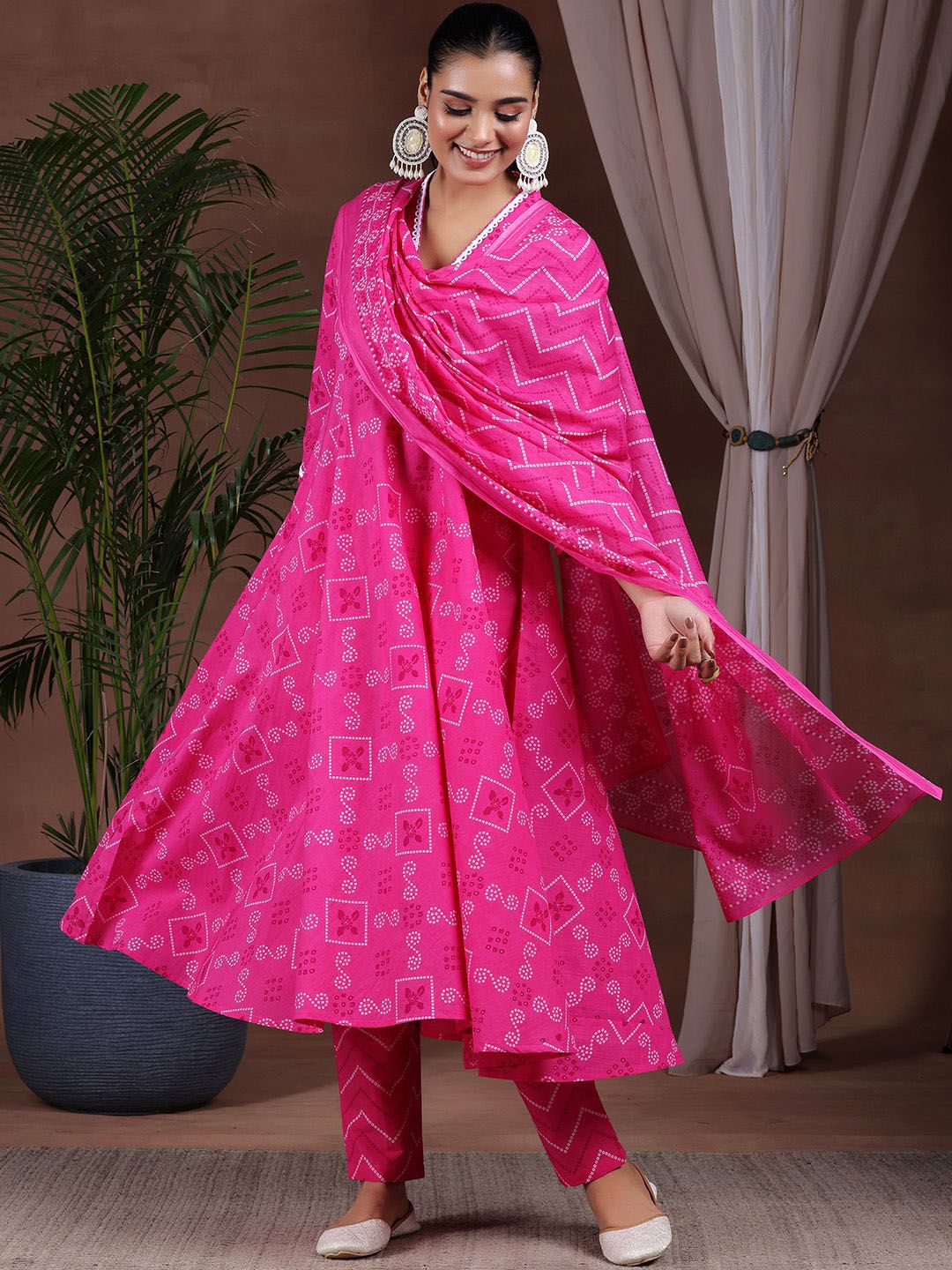 Libas Bandhani Printed Gotta Patti Pure Cotton Anarkali Kurta with Trousers & Dupatta