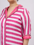 Mamicha Women Striped Shirt Collar Roll-Up Sleeves Midi Shirt Dress