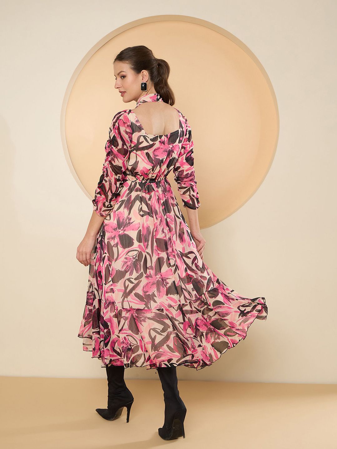 Antheaa Floral Print Halter Neck Chiffon Fit & Flare Midi Dress